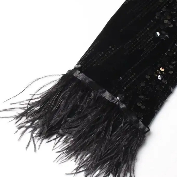 LUXURY SEQUIN SATIN VELVET FEATHER BUTTON CUFF BLAZER - Picture 8 of 9